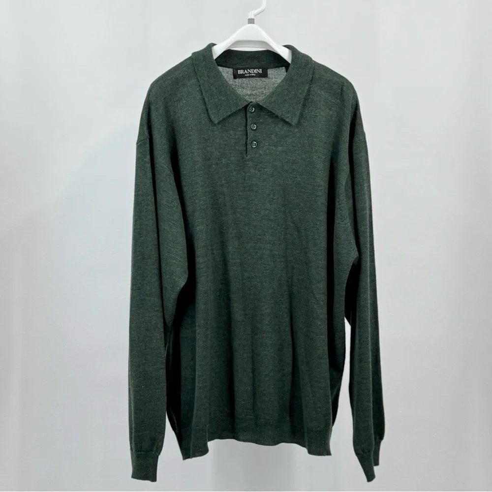 Brandini Forest Green Polo Sweater Extra Fine Merino Wool Classic Collar Size XL